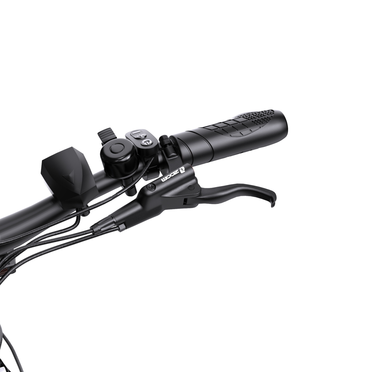 OneSport WT05 close-up of handlebar with grips, brake lever, bell and button pad