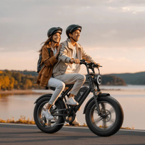 Person riding the TST R002 Plus fat-tyre e-bike in black with passenger seat by a lake