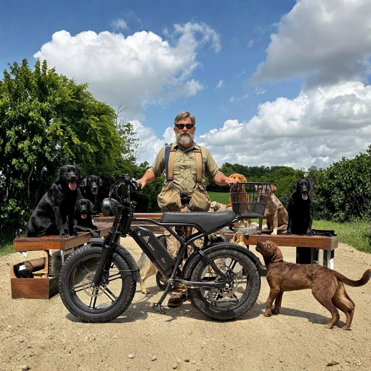 Man standing with the TST R002 Plus fat-tyre e-bike in black on sandy ground