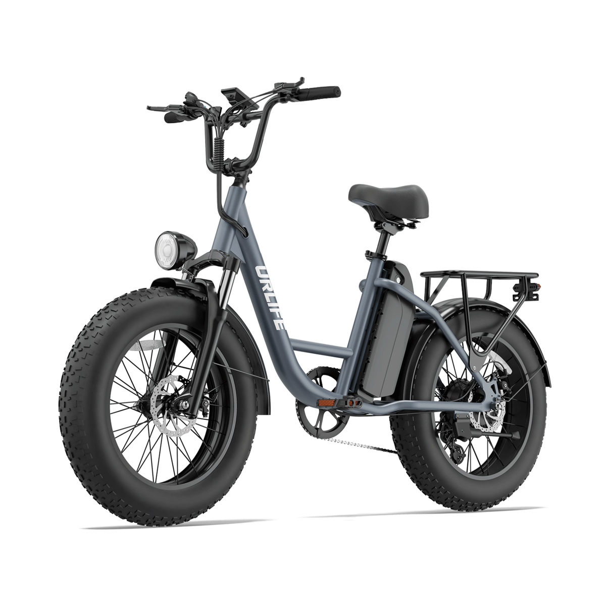 URLIFE E20 Pro, grey e-bike with thick tyres and a rear rack, seen from a front angle