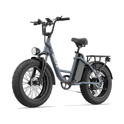 URLIFE E20 Pro, grey e-bike with thick tyres and a rear rack, seen from a front angle
