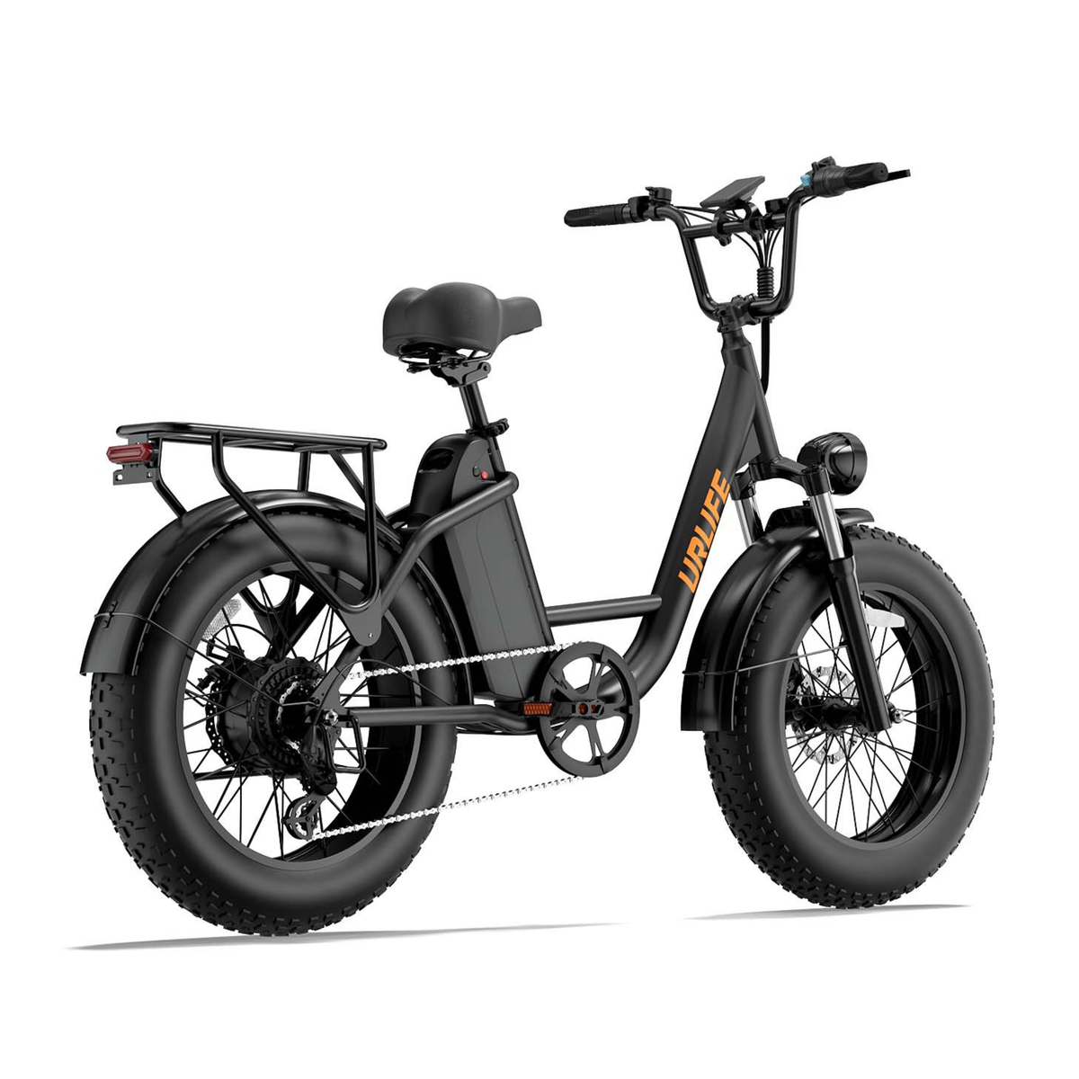 URLIFE E20 Pro, black e-bike seen from a rear angle with a rear rack and fat tyre