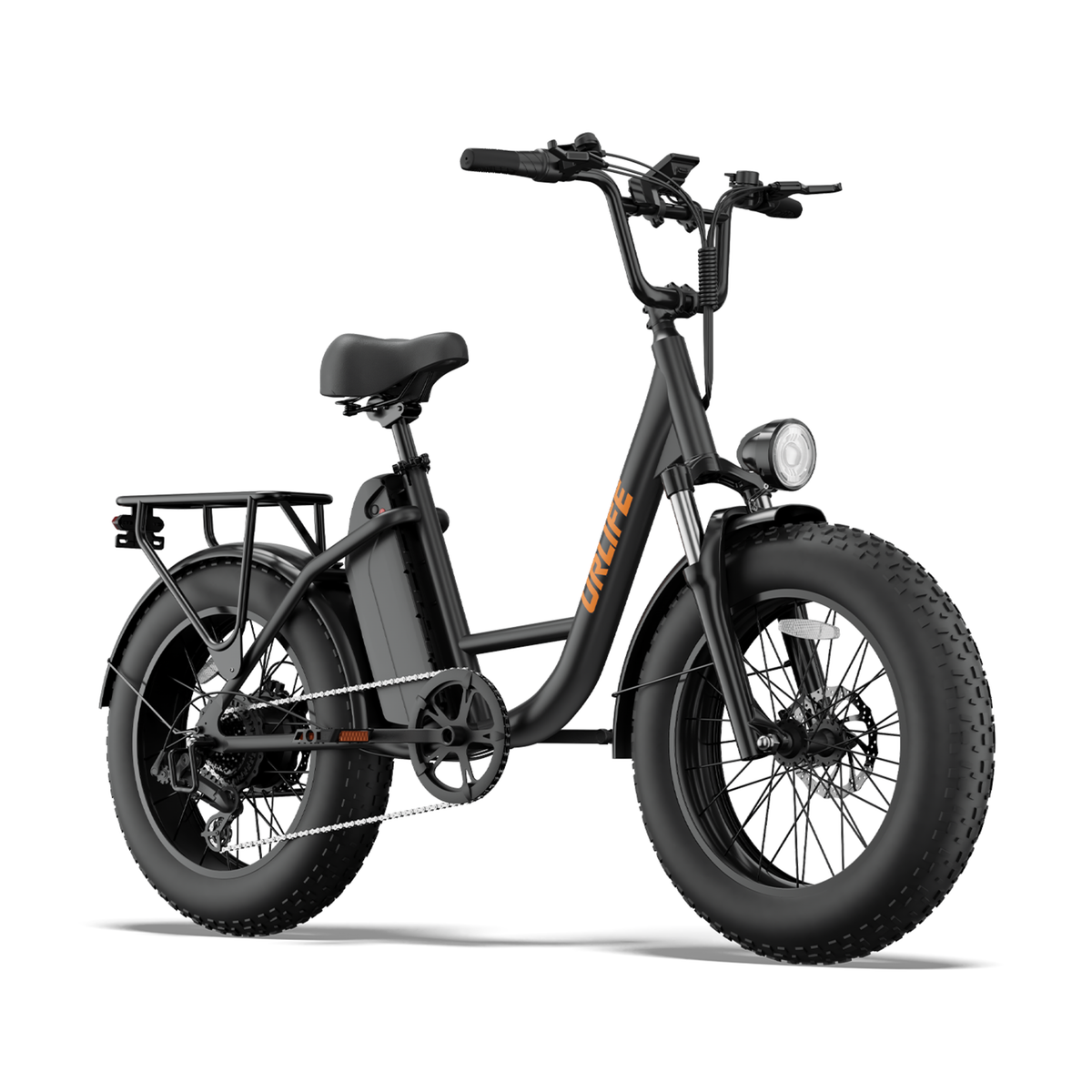 URLIFE E20 Pro, black e-bike seen from a front angle with headlight, rear rack and fat tyre