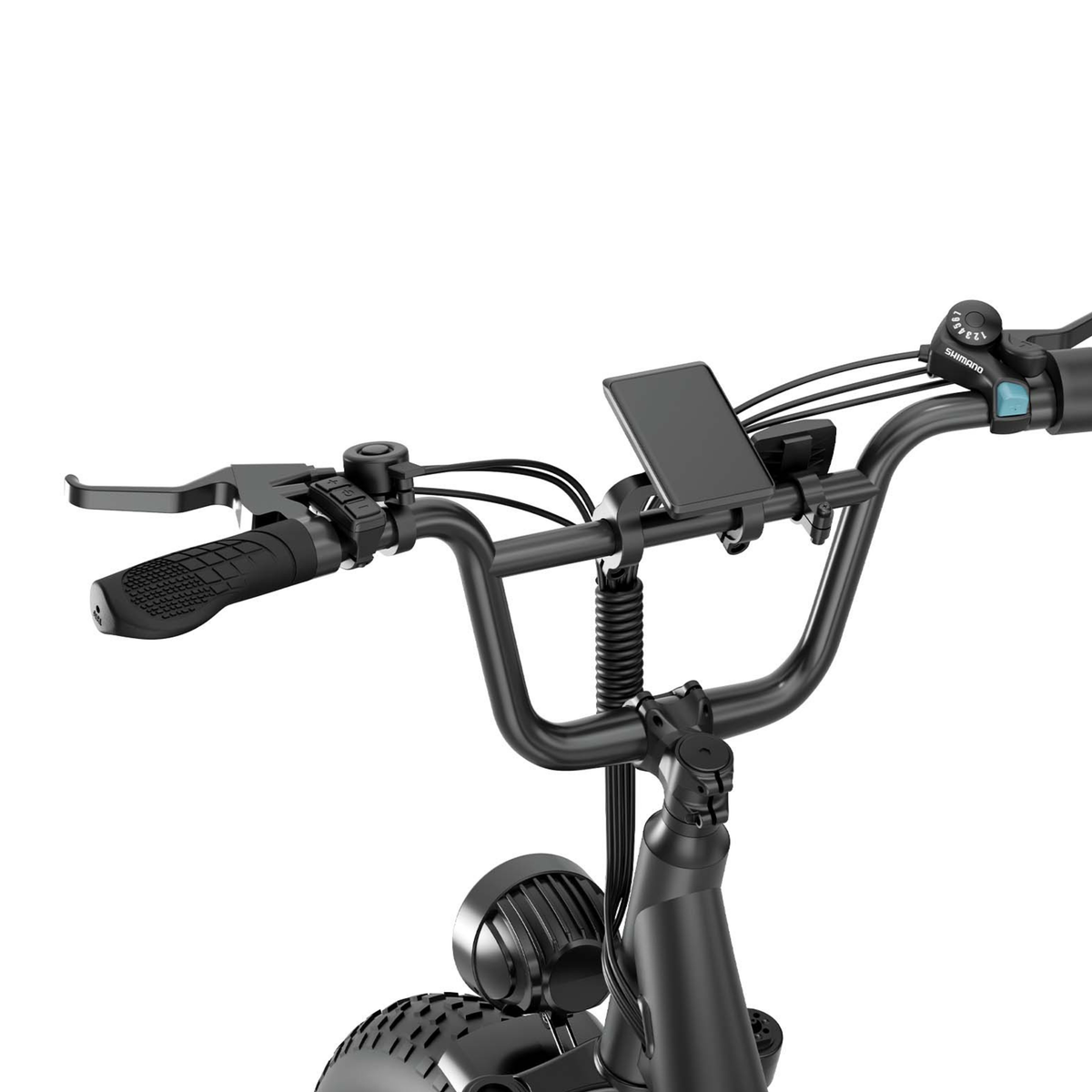 Close-up of the URLIFE E20 Pro handlebar with grips, brake levers, bell, display and gear shifter