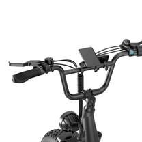 Close-up of the URLIFE E20 Pro handlebar with grips, brake levers, bell, display and gear shifter
