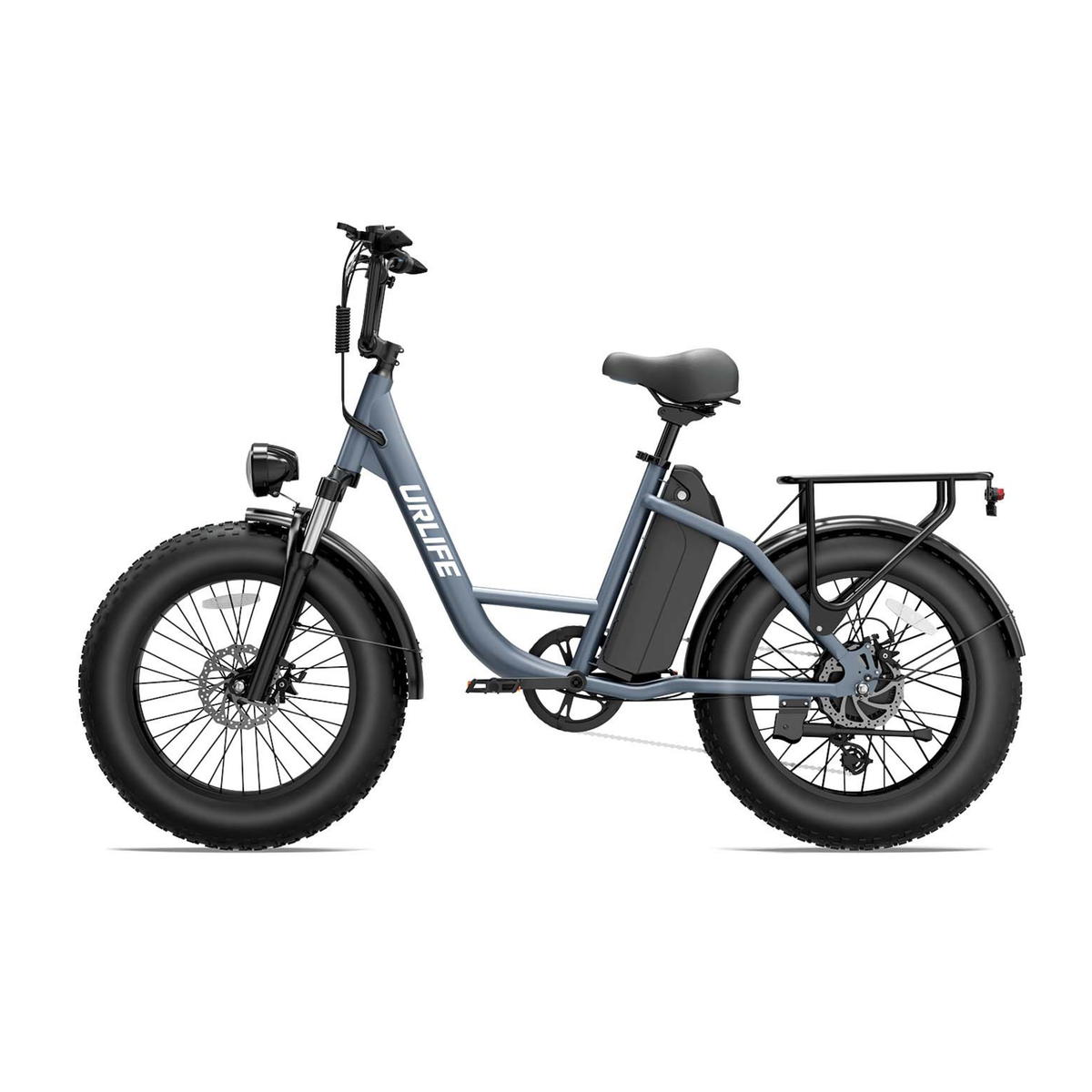 URLIFE E20 Pro, grey e-bike with thick tyres and a rear rack, seen from the side