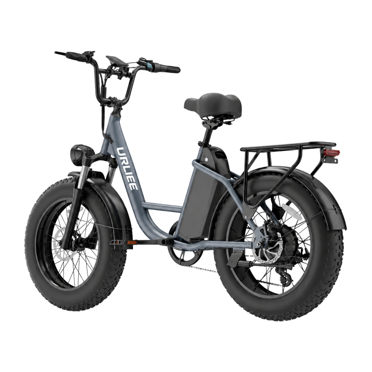URLIFE E20 Pro, grey e-bike with thick tyres and a rear rack, seen from a rear angle