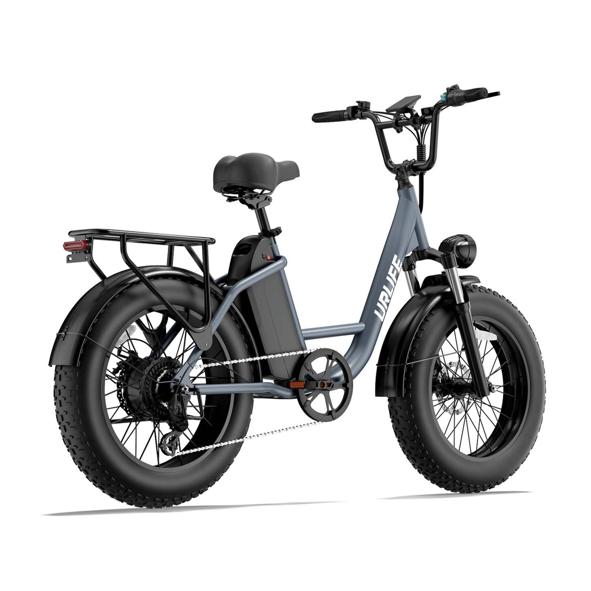 URLIFE E20 Pro, grey e-bike with thick tyres and a rear rack, seen from behind on the right