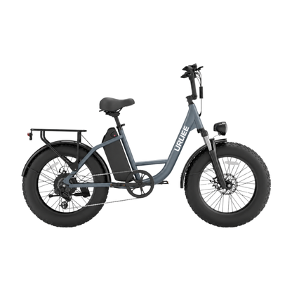 URLIFE E20 Pro, blue-grey e-bike with fat tyres and a rear rack, seen from the side