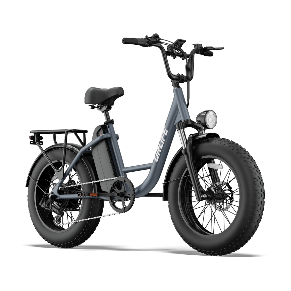 URLIFE E20 Pro, blue-grey e-bike with fat tyres and a rear rack, seen from a front angle