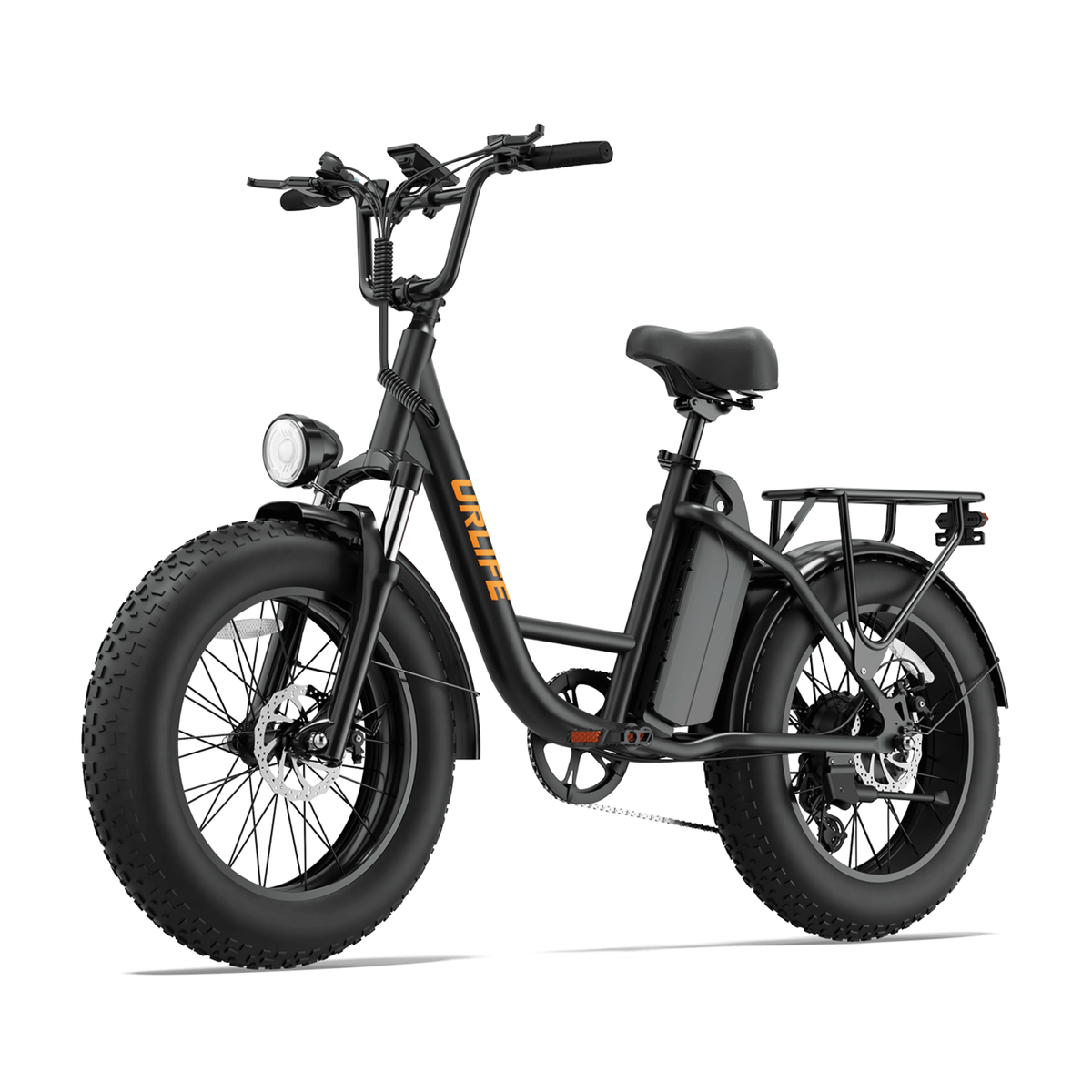 URLIFE E20 Pro, black e-bike with fat tyres and an orange logo, seen from a front angle