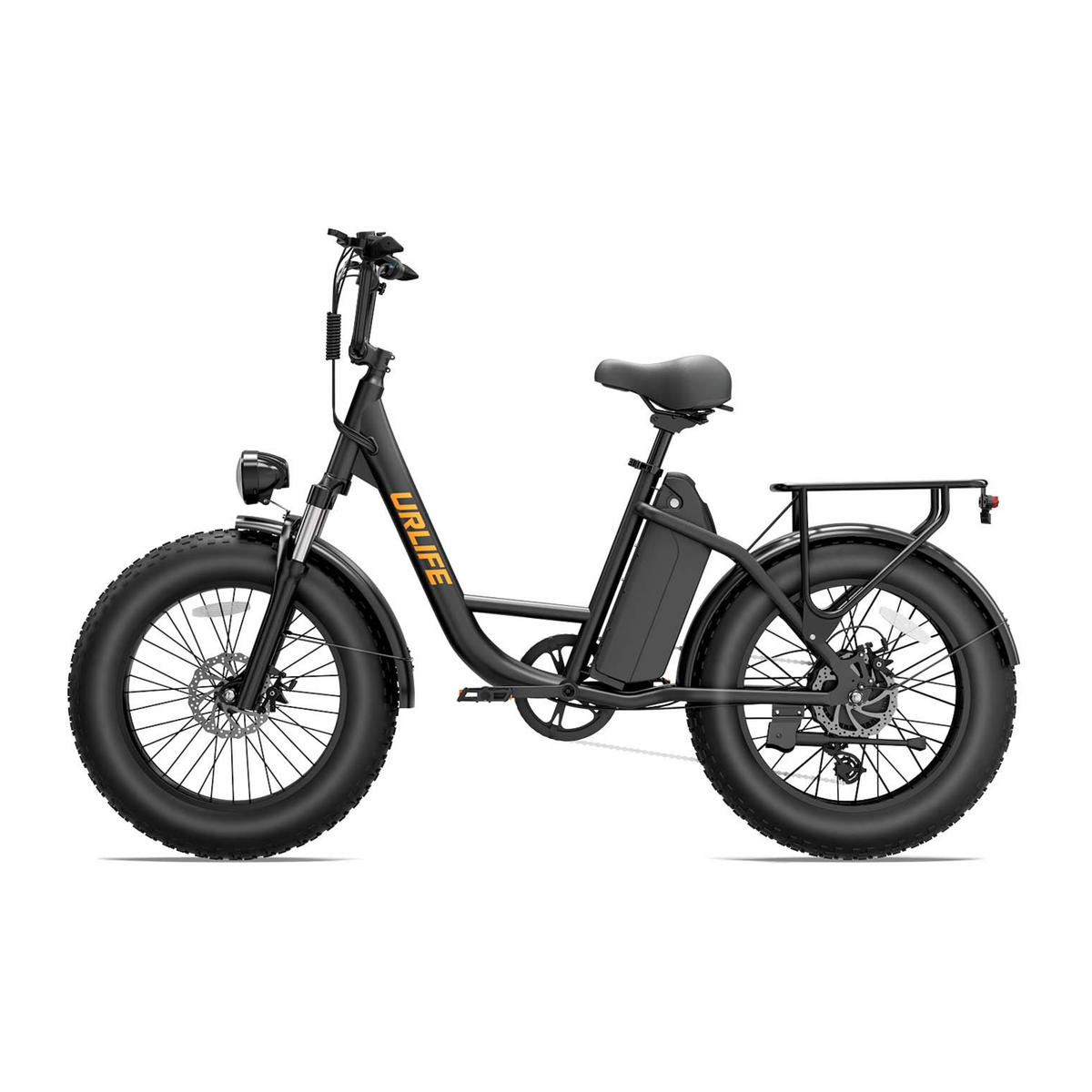 URLIFE E20 Pro, black e-bike with fat tyres and a rear rack, seen from the side