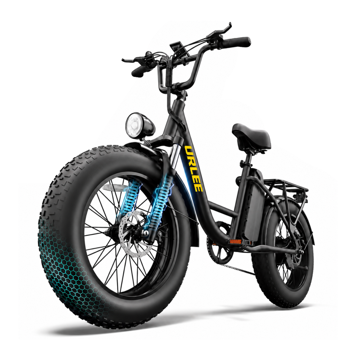 URLIFE E20 Pro, black e-bike with a fat tyre seen from a front angle, with a blue-marked front fork