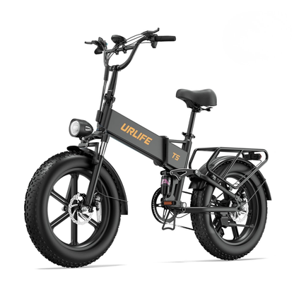 URLIFE T5 black folding e-bike seen from the front at an angle with fat tyres, headlight and rear rack