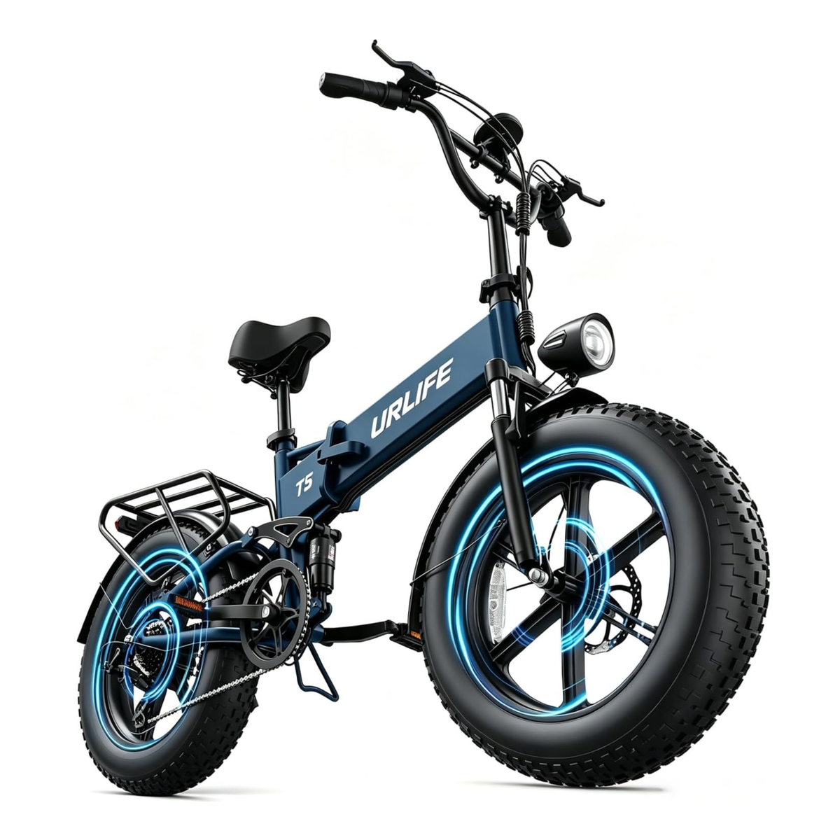 URLIFE T5 blue e-bike from the front at an angle with blue light effects around the wheels