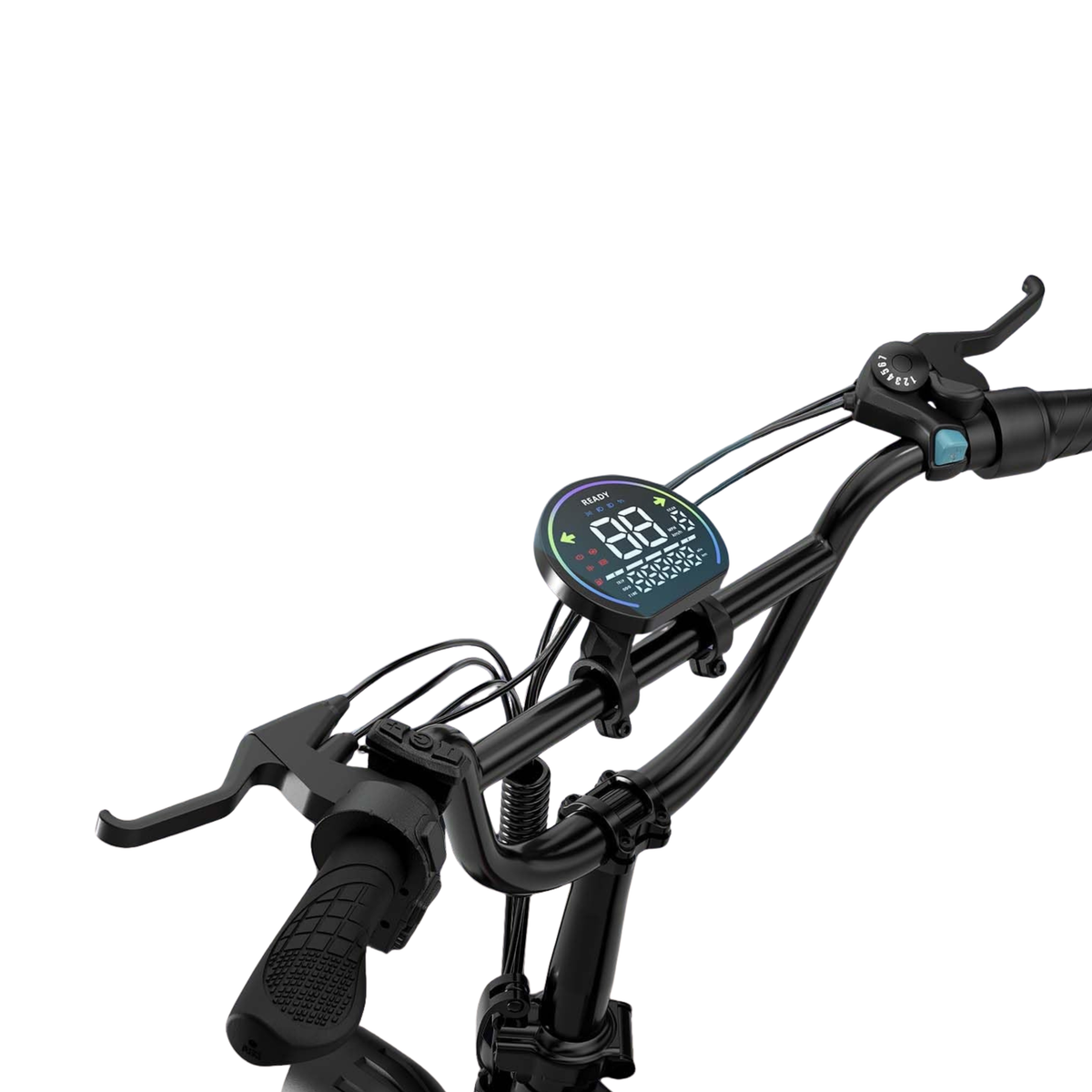 Close-up of the handlebar with display, brake levers, gear shifter and grips