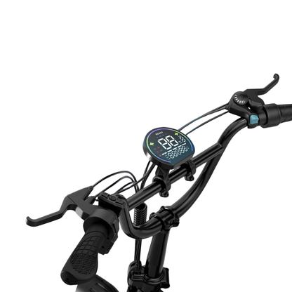 Close-up of the handlebar with display, brake levers, gear shifter and grips
