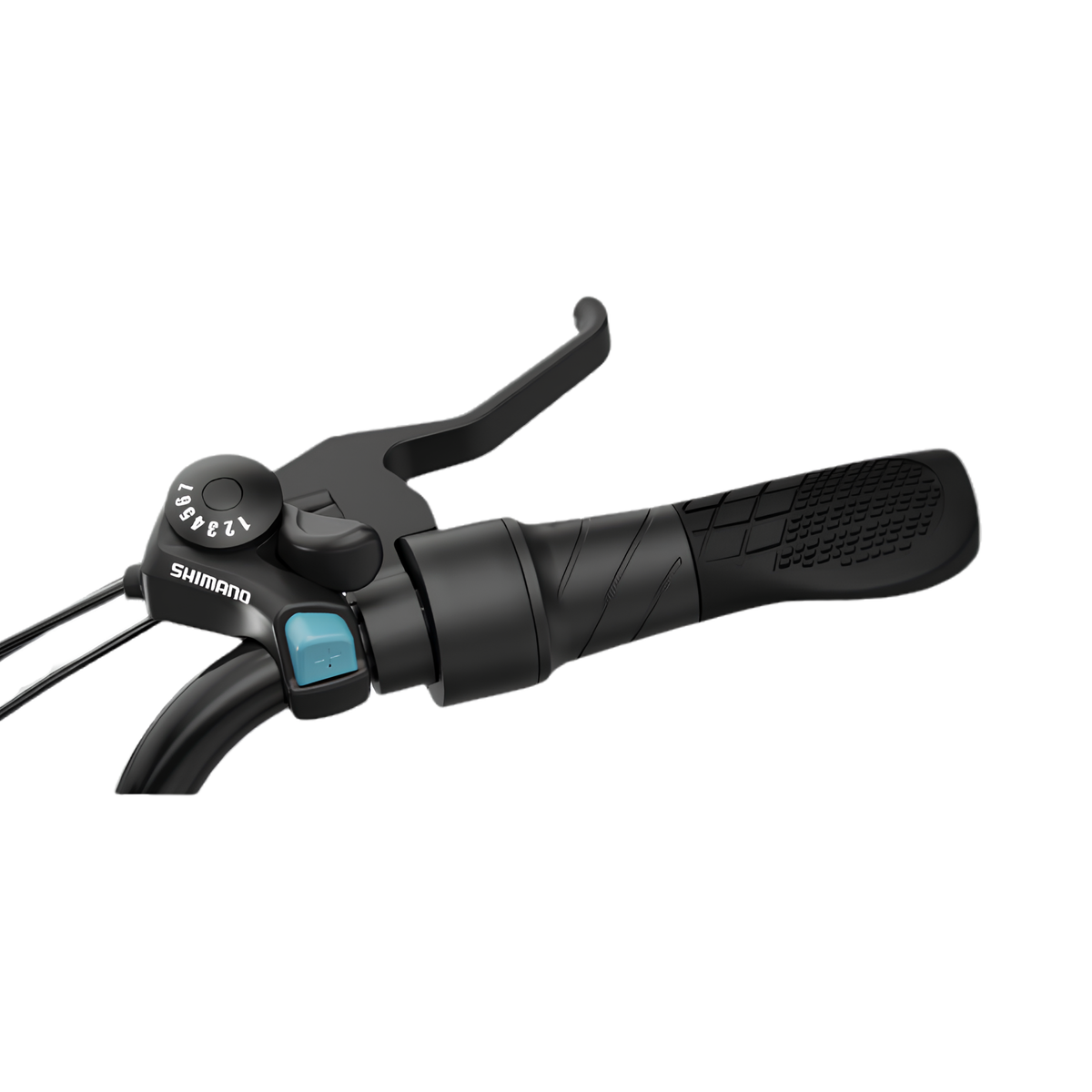 Close-up of the grip with brake lever, Shimano gear shifter and blue button
