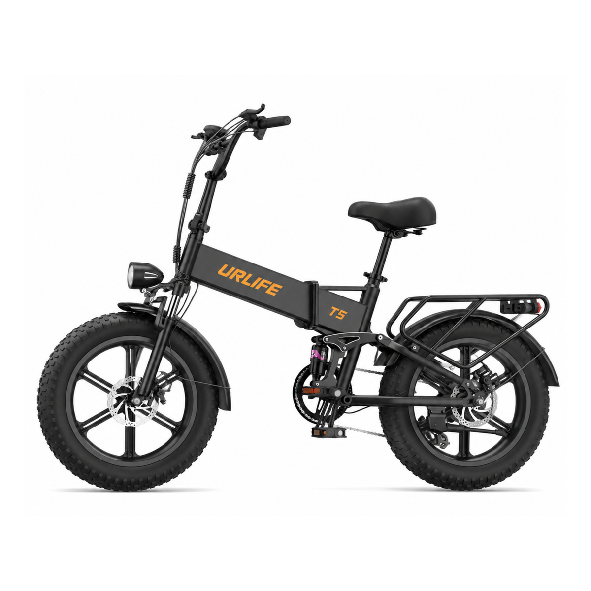 URLIFE T5 black folding e-bike side view with fat tyres, saddle and rear rack