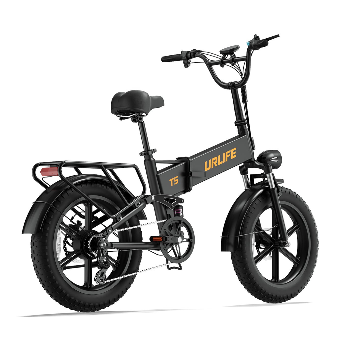 URLIFE T5 black e-bike seen from behind at an angle with rear rack, rear light and fat tyres