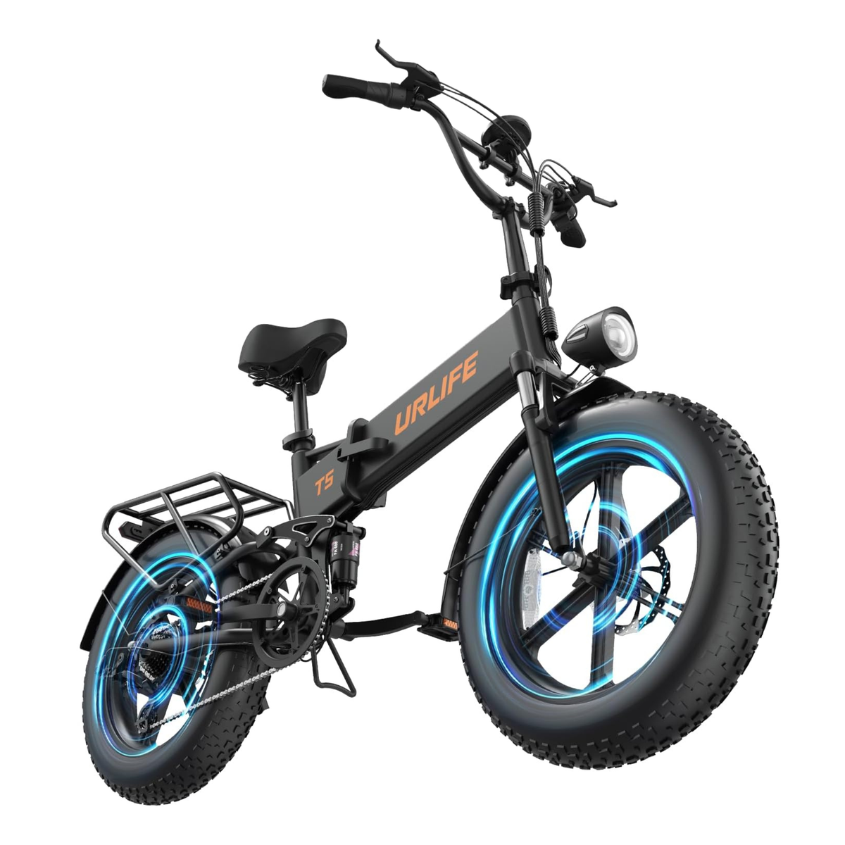 URLIFE T5 black e-bike from the front at an angle with blue graphic effects around the wheels and headlight