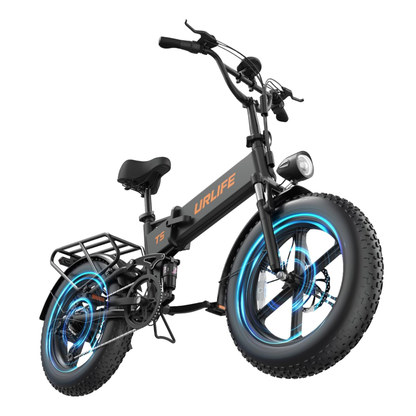 URLIFE T5 black e-bike from the front at an angle with blue graphic effects around the wheels and headlight