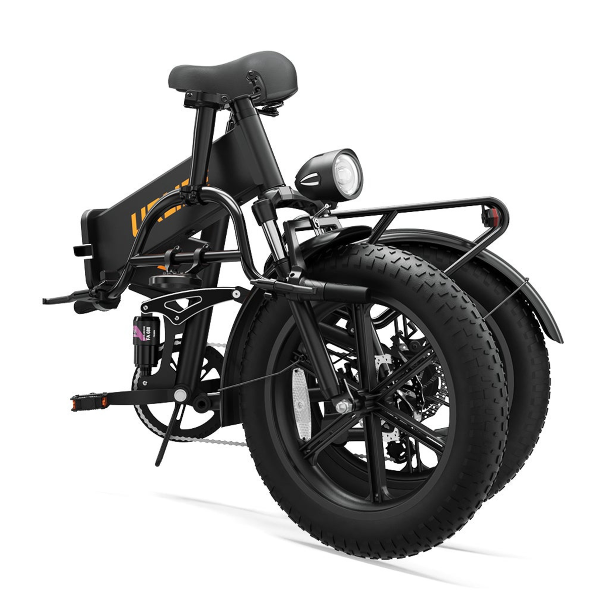 URLIFE T5 electric bike in black, seen from the front at an angle, with wide tyres, headlight, rear rack and saddle