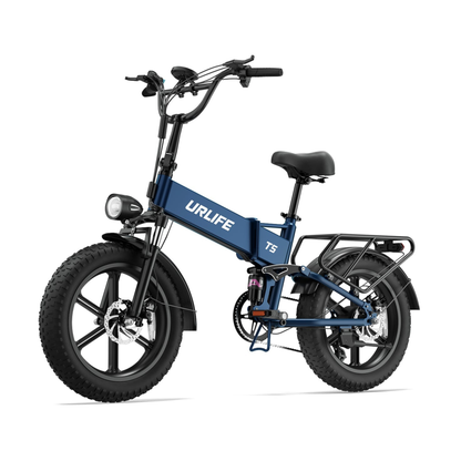 URLIFE T5 in blue, seen from the front at an angle with handlebar, headlight, wide tyres and rear rack