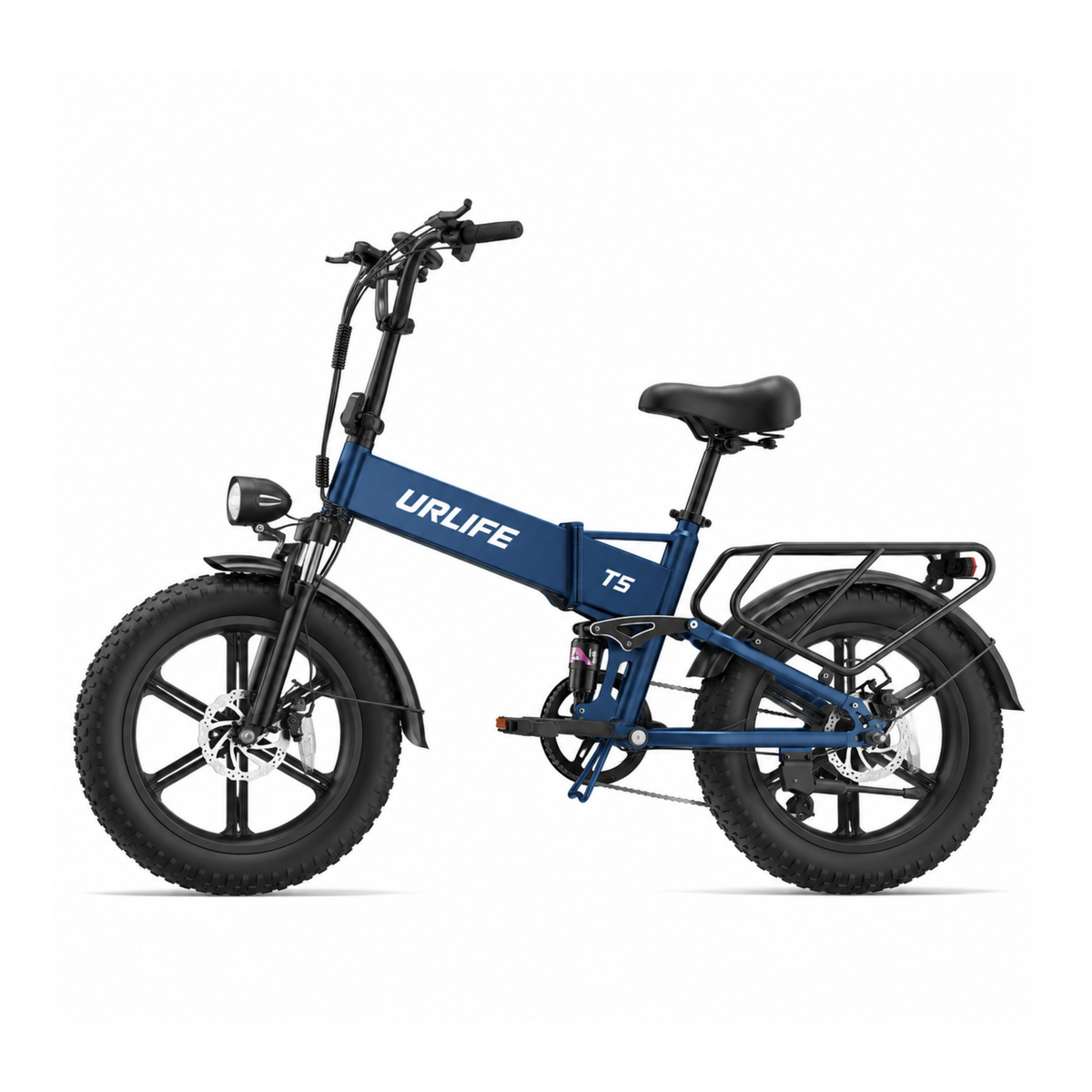 URLIFE T5 in blue, side view with saddle, wide tyres, mudguards and rear rack