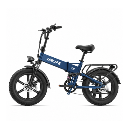 URLIFE T5 in blue, side view with saddle, wide tyres, mudguards and rear rack