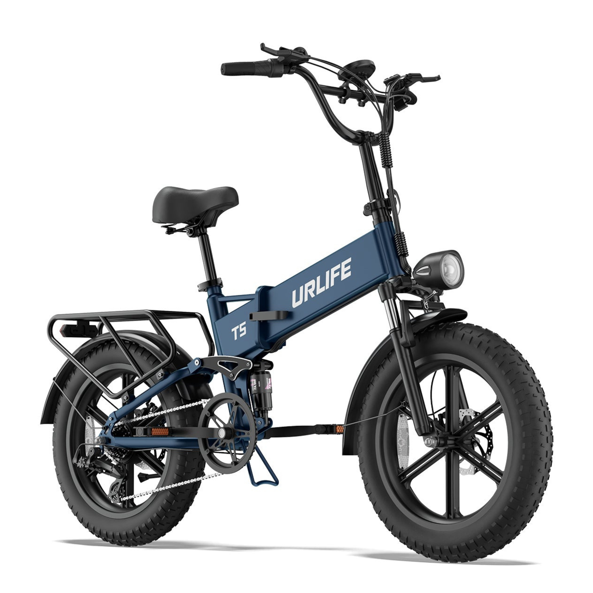 URLIFE T5 blue e-bike from the front at an angle with wide tyres, rear rack and front light