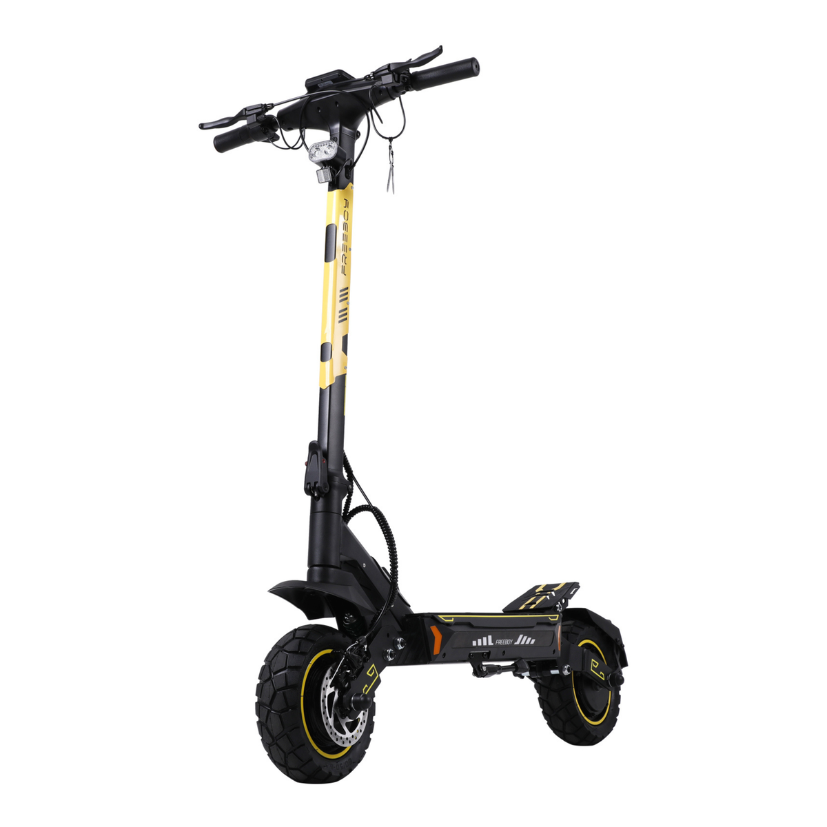 Wheely - H7 electric scooter seen from the front at an angle with a yellow and black stem