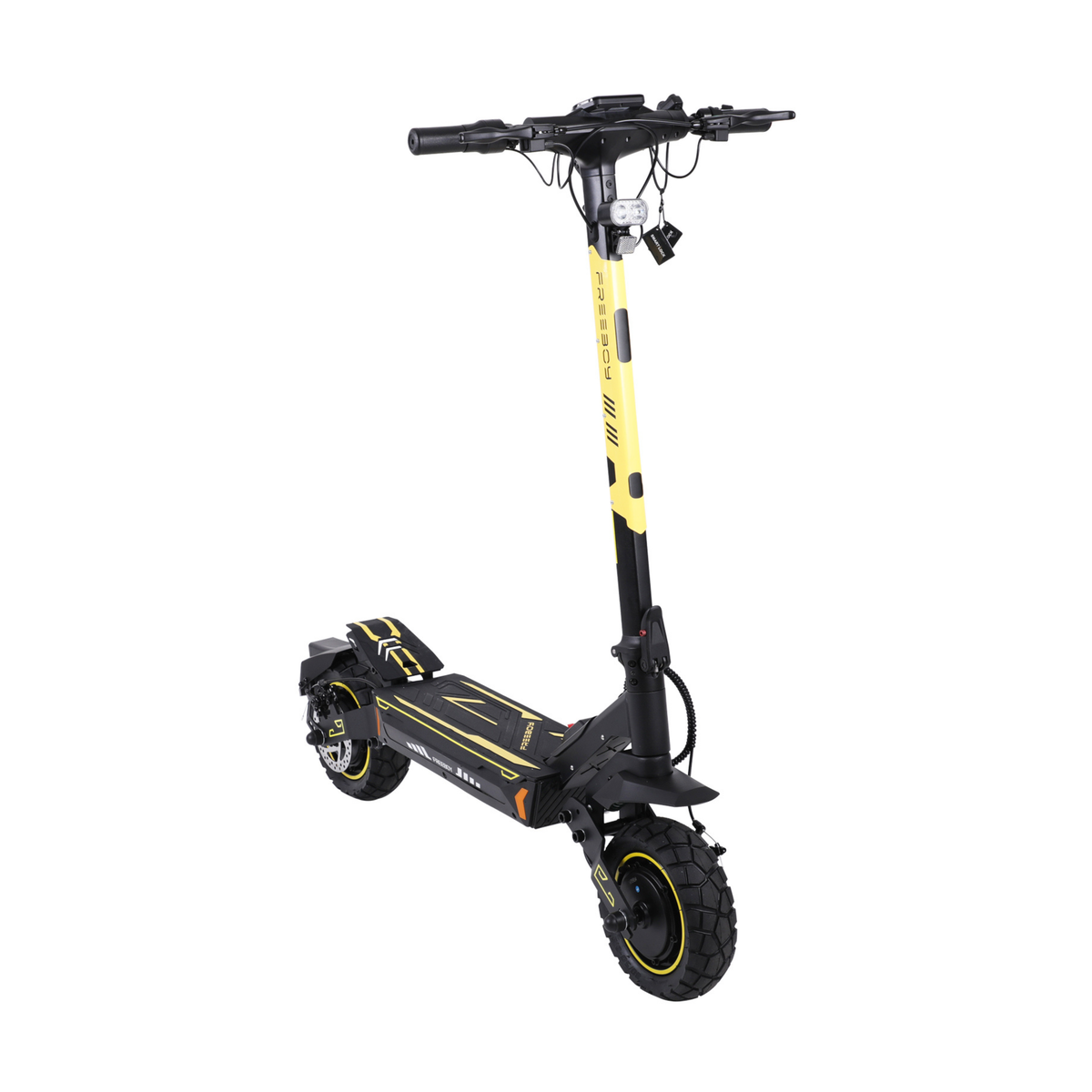 Wheely - H7 electric scooter in black and yellow with upright stem, seen from the front at an angle