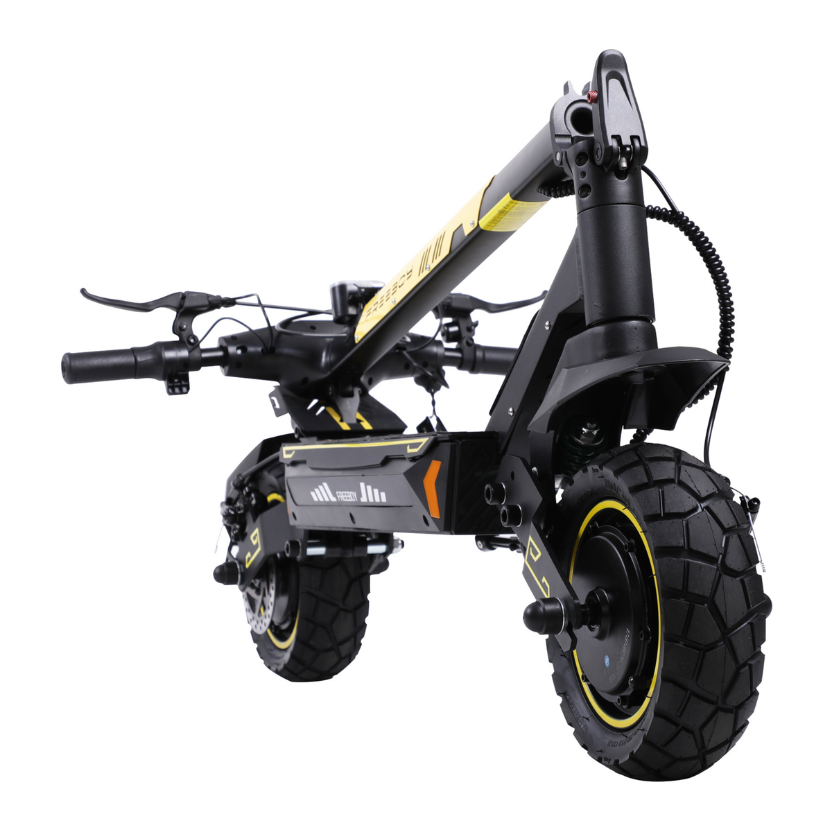 Wheely - H7 electric scooter in black and yellow with folded stem and chunky-tread tyres