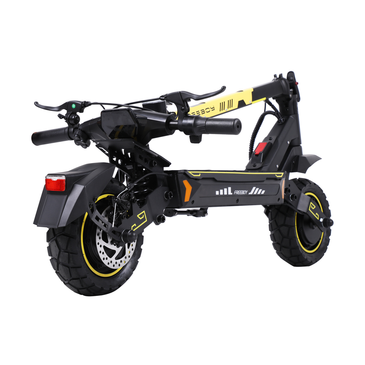 Wheely - H7 with folded stem seen from the rear at an angle, with disc brake, rear mudguard and off-road tyre