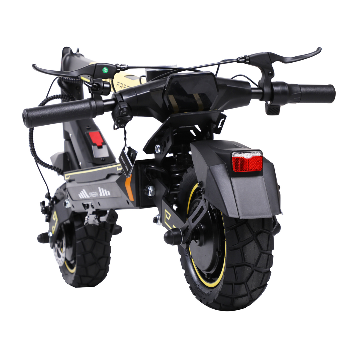 Wheely - H7 seen from behind with handlebar, rear mudguard with red reflector and chunky-tread tyres