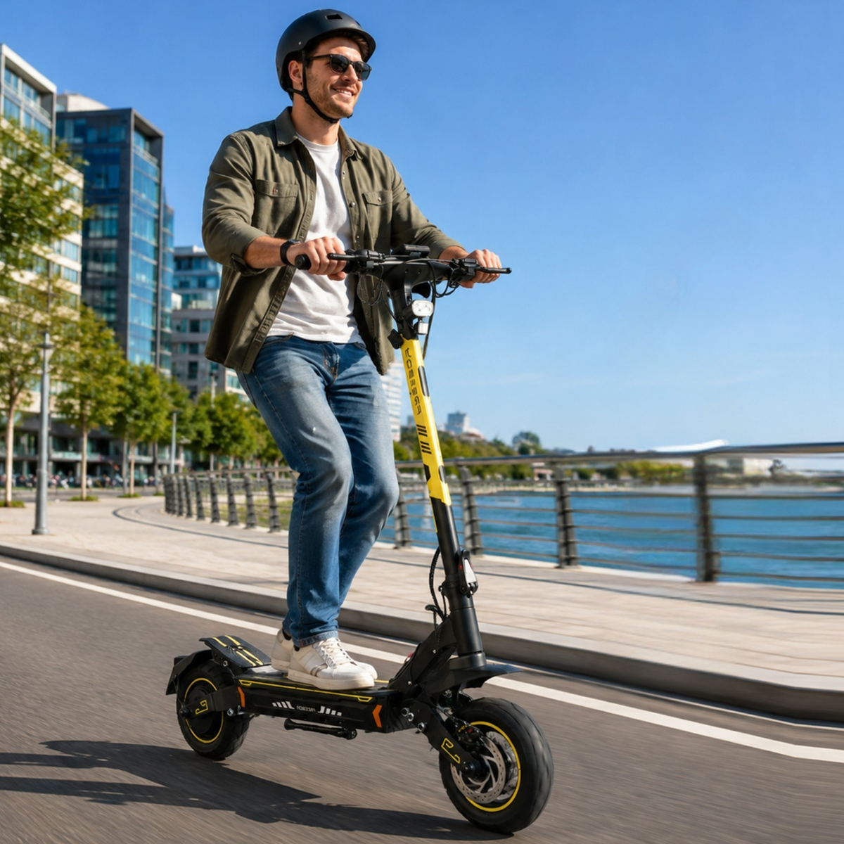 Man wearing a helmet rides a Wheely - H7 electric scooter along a quay by the water