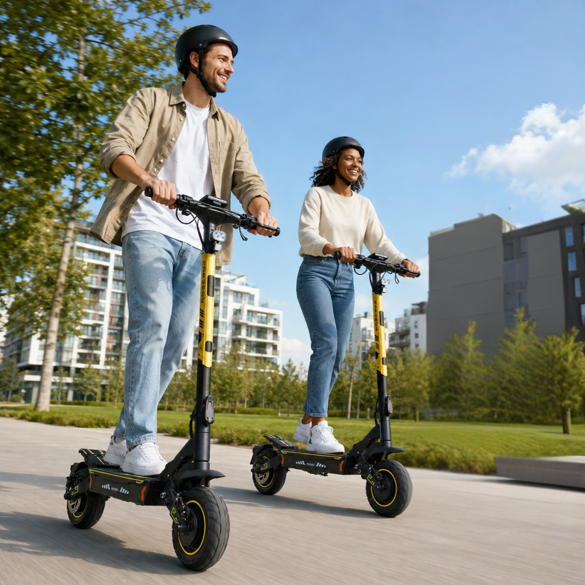 Wheely - H7: a man and a woman in helmets, each riding their own black and yellow electric scooter in a park