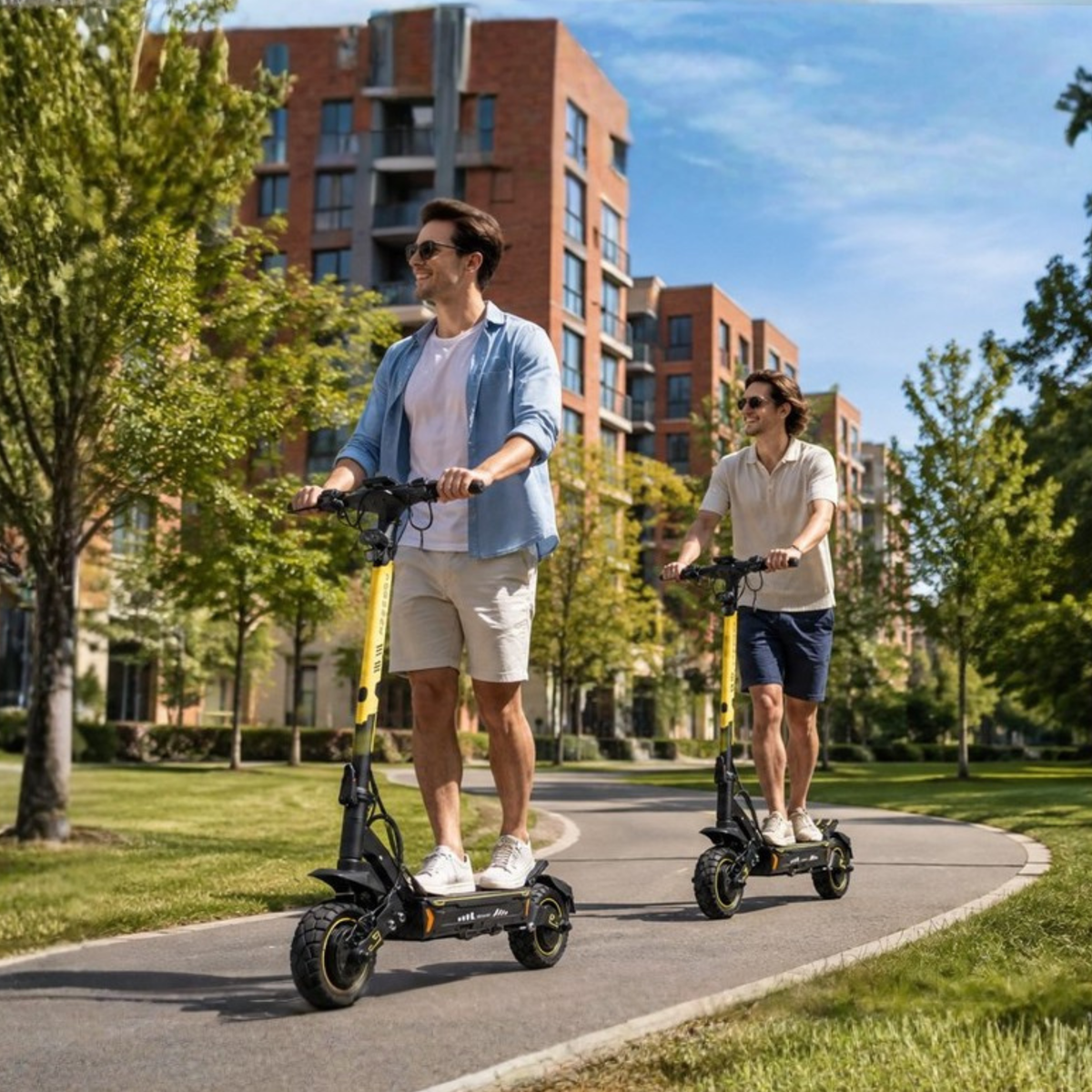 Two men each ride a Wheely - H7 on a path in a park