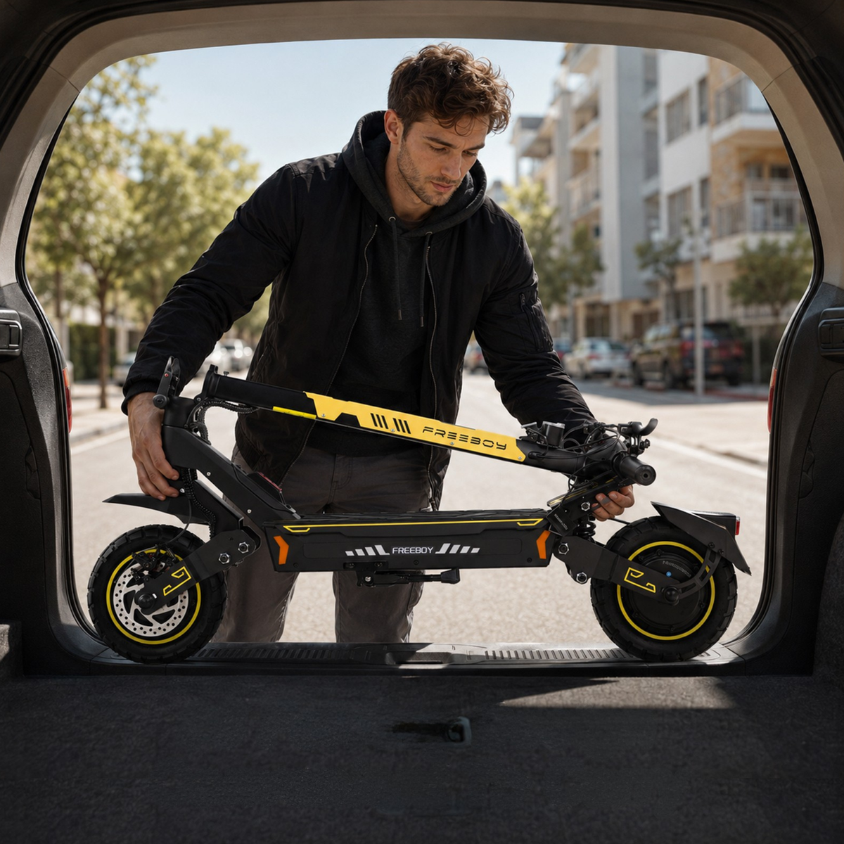 Man lifting a folded black and yellow electric scooter into a car trunk, seen from inside the car