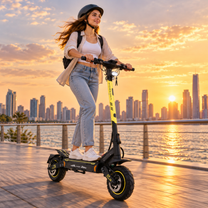 Woman wearing a helmet rides a Wheely - H7 on a quay at sunset with a city skyline in the background