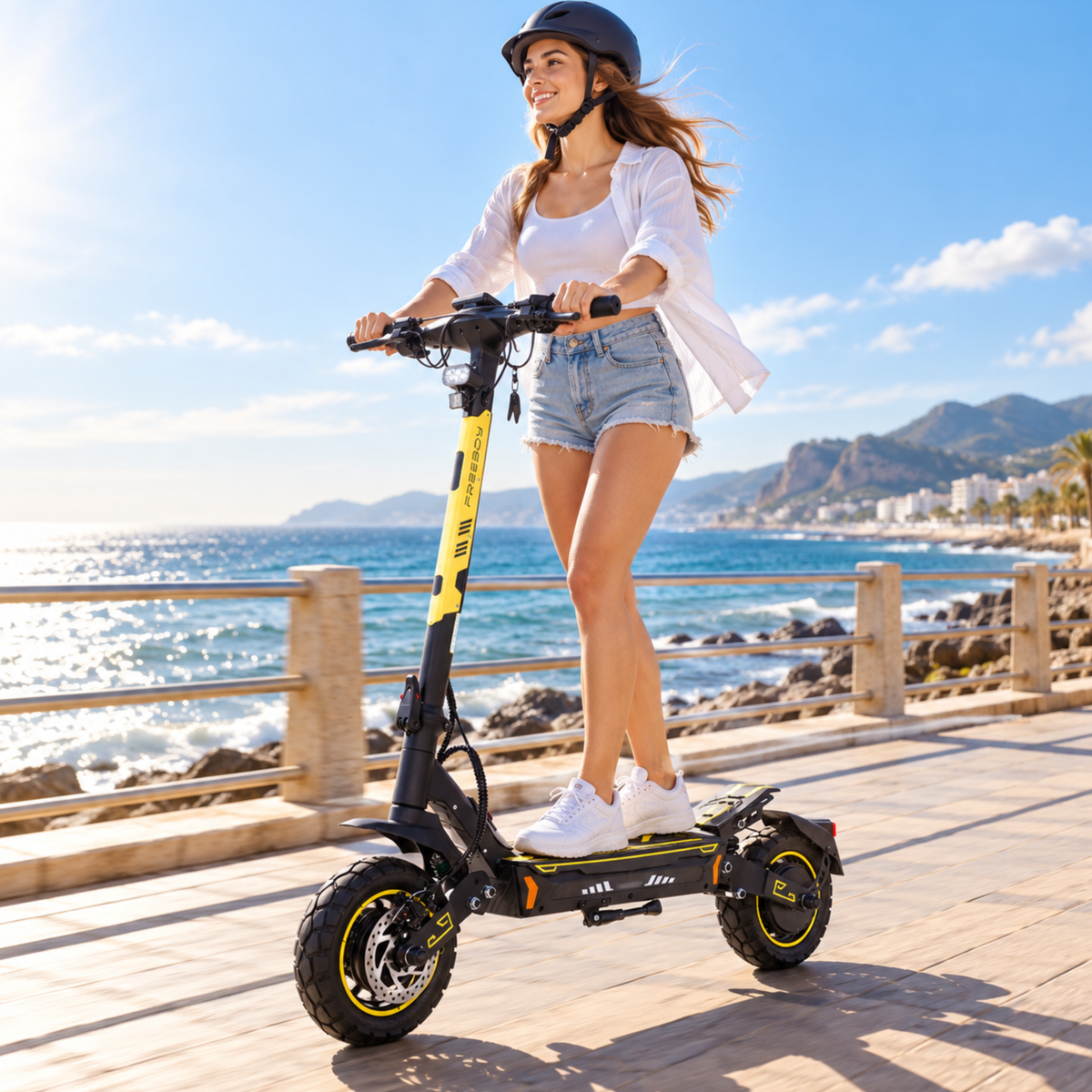Woman wearing a helmet rides a Wheely - H7 on a seaside promenade on a sunny day