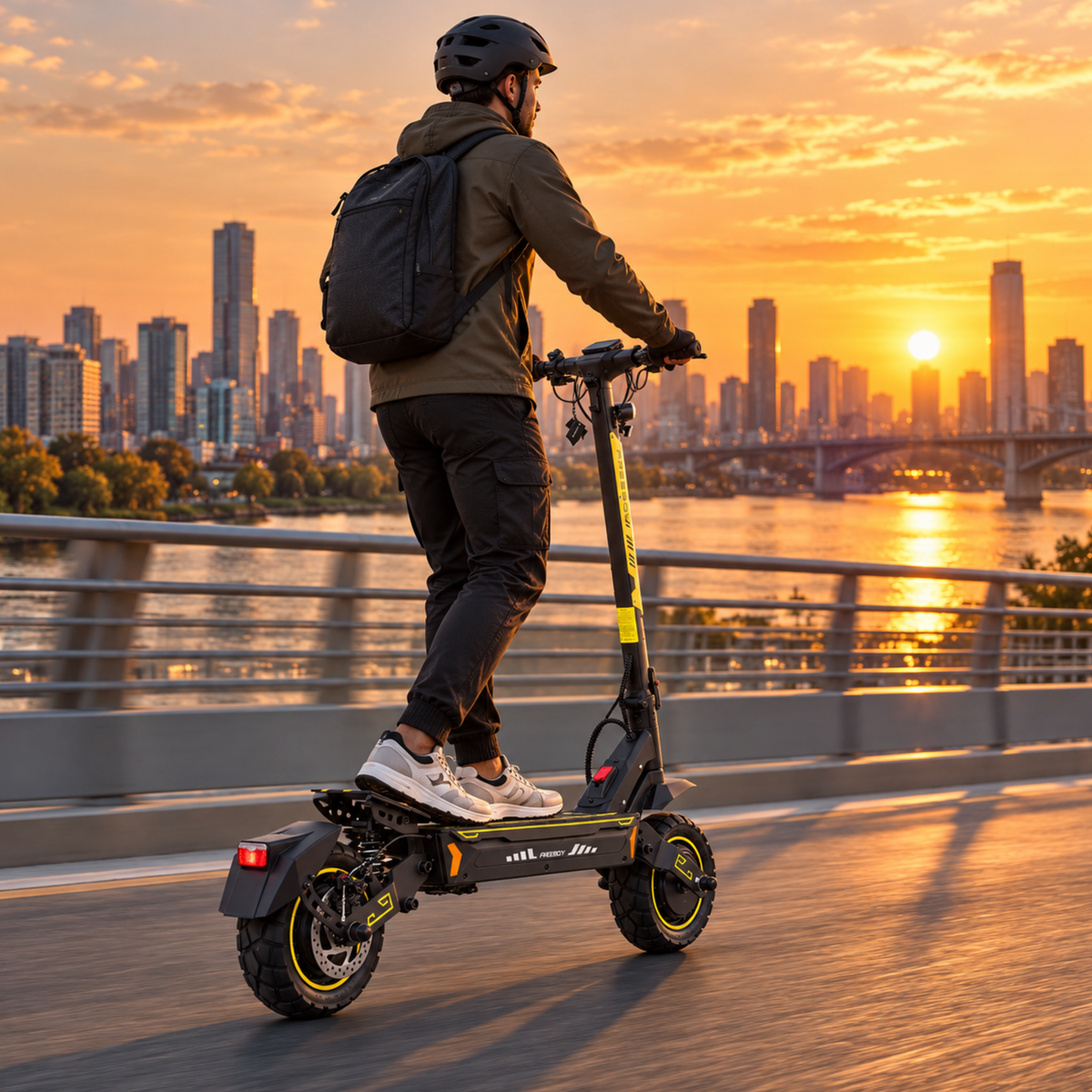 Man with a backpack seen from behind rides a Wheely - H7 on a bridge at sunset with a city skyline