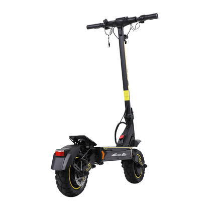 Wheely - H7 electric scooter seen from the rear at an angle with rear wheel, disc brake, mudguard and yellow details