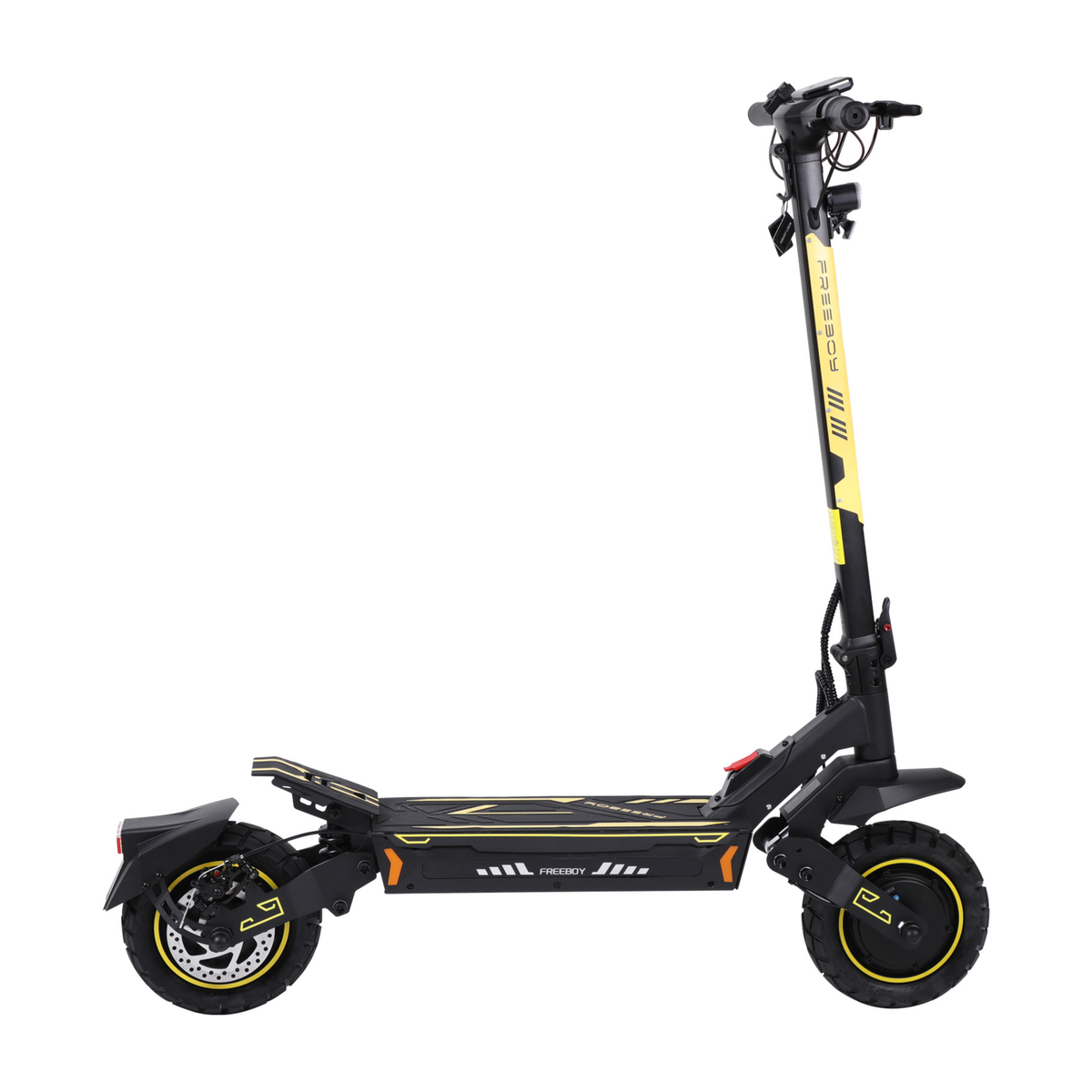 Black and yellow electric scooter with the text FREEBOY seen from the side, with two tyres and a deck