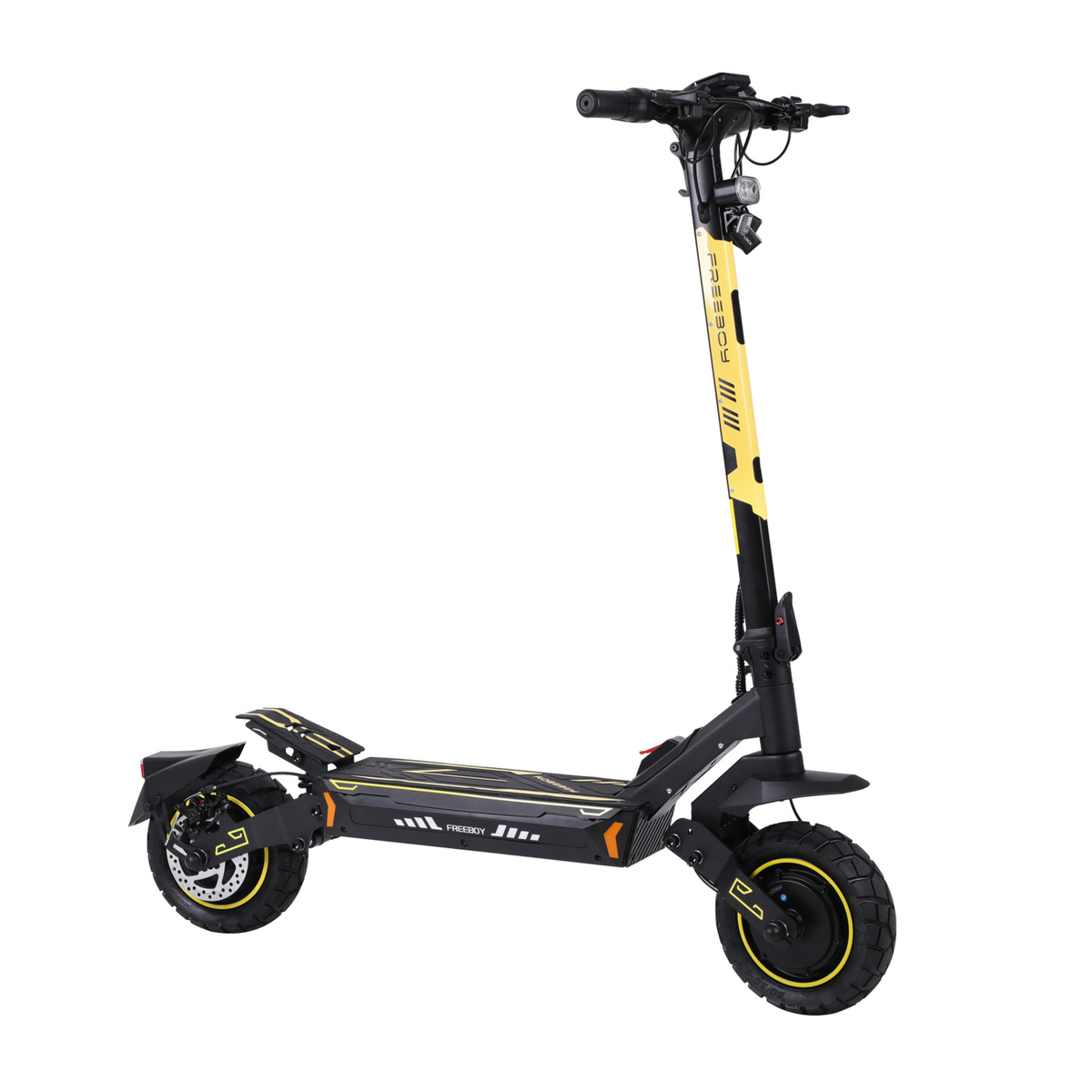 Black and yellow electric scooter with the text FREEBOY seen from the front at an angle, with a headlight, deck and two tyres