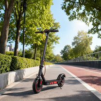 Wheely J04 electric scooter, front three-quarter view on a road