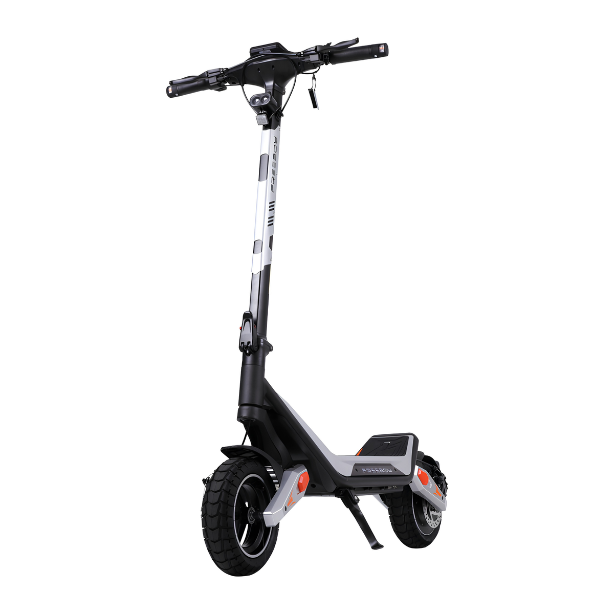 Wheely - J18 electric scooter seen from the front at an angle with handlebar, stem, front wheel and footboard