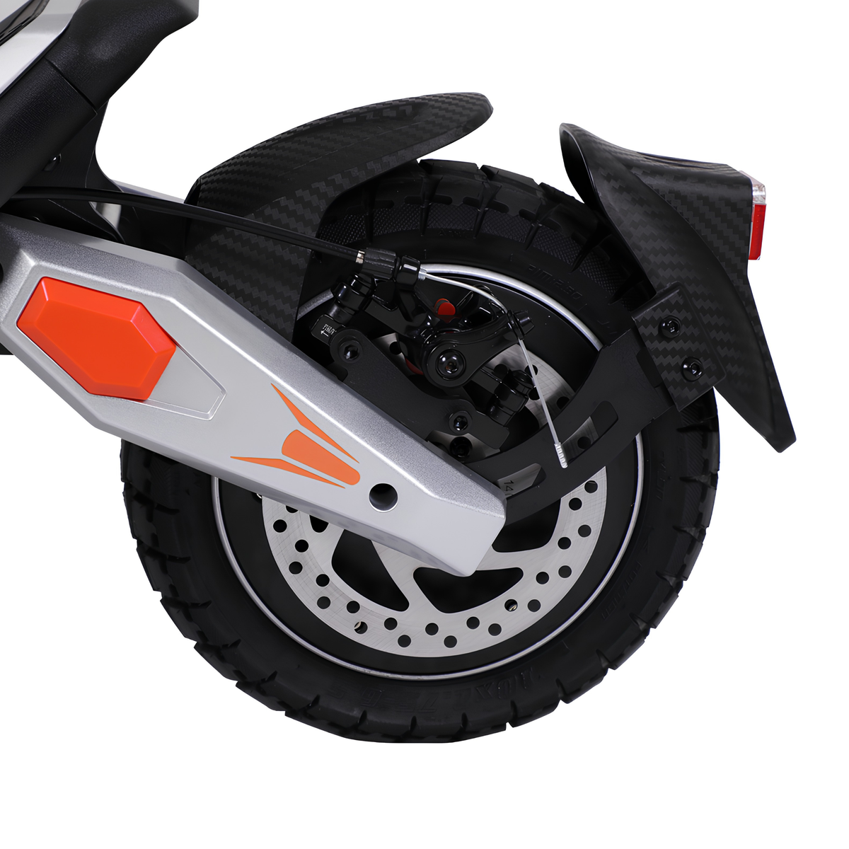 Rear wheel on Wheely - J18 with disc brake, mudguard and grey swingarm with orange details