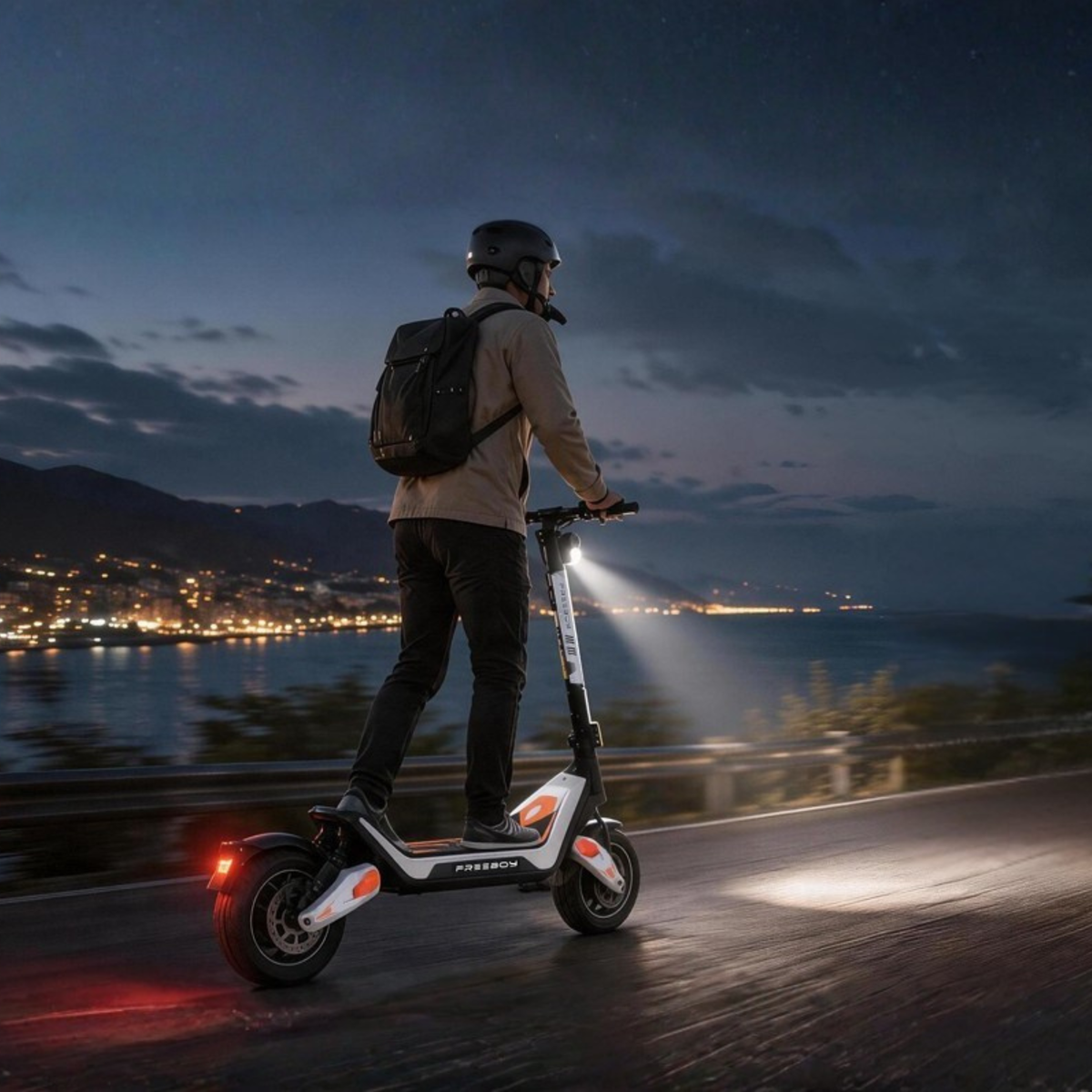 Person wearing a helmet and backpack riding Wheely - J18 on a coastal road at dusk with the headlight on